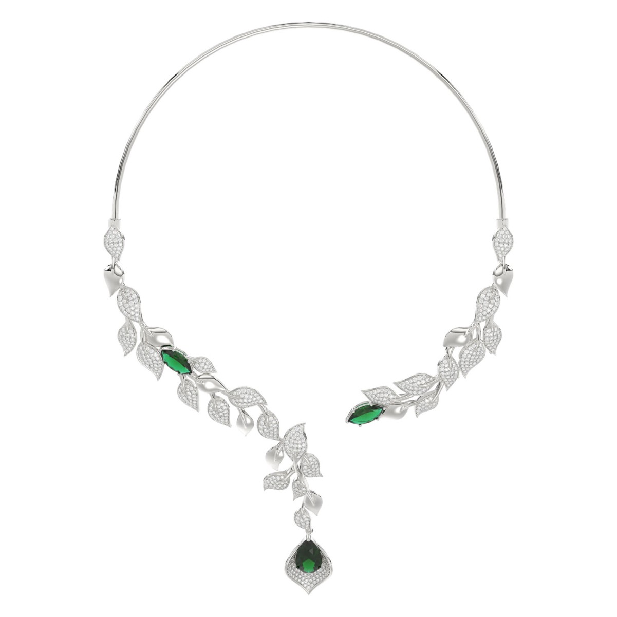 18K WHITE GOLD 11 3/4CT ROUND/PEAR/MARQUISE DIAMOND LADIES NECKLACE(COLOR STONE GREEN EMERALD PEAR DIAMOND 4 1/6CT/MARQUISE DIAMOND 3 5/8CT)