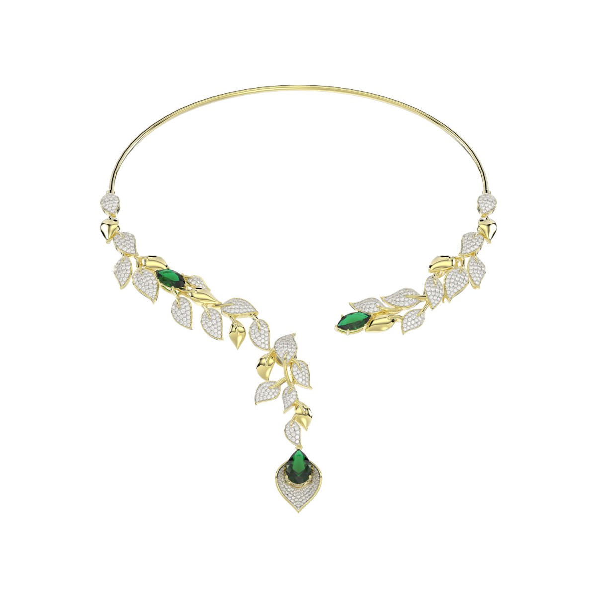 18K YELLOW GOLD 11 3/4CT ROUND/PEAR/MARQUISE DIAMOND LADIES NECKLACE(COLOR STONE GREEN EMERALD PEAR DIAMOND 4 1/6CT/MARQUISE DIAMOND 3 5/8CT)