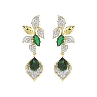 18K YELLOW GOLD 4 7/8CT ROUND/PEAR/MARQUISE DIAMOND LADIES EARRINGS(COLOR STONE GREEN EMERALD PEAR DIAMOND 4 5/8CT/MARQUISE DIAMOND 1 1/5CT)