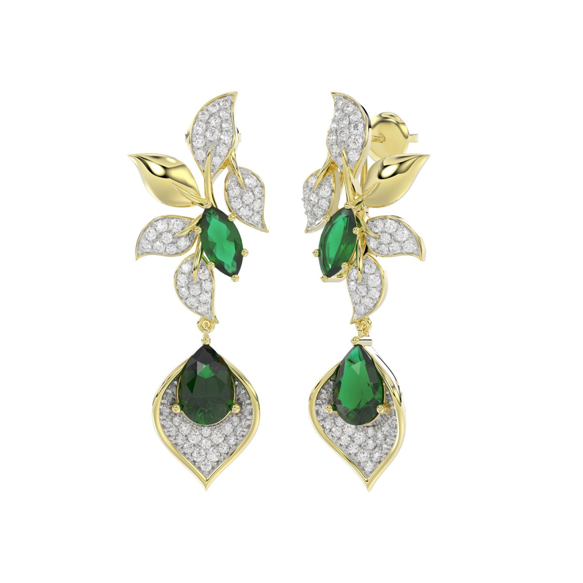 18K YELLOW GOLD 4 7/8CT ROUND/PEAR/MARQUISE DIAMOND LADIES EARRINGS(COLOR STONE GREEN EMERALD PEAR DIAMOND 4 5/8CT/MARQUISE DIAMOND 1 1/5CT)