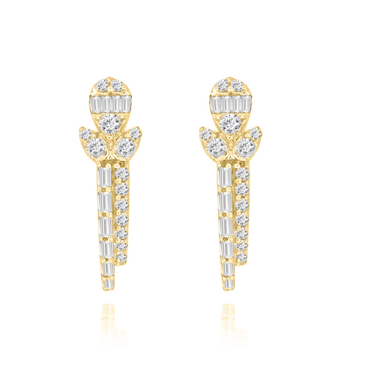 18K YELLOW GOLD 1/2CT ROUND/BAGUETTE DIAMOND LADIES HOOPS EARRINGS 