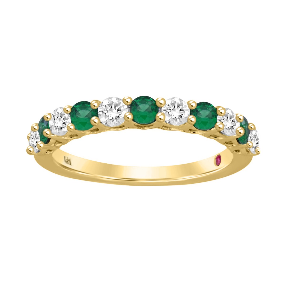 18K YELLOW GOLD 7/8CT ROUND DIAMOND LADIES BAND(COLOR STONE ROUND GREEN EMERALD DIAMOND 3/8CT)