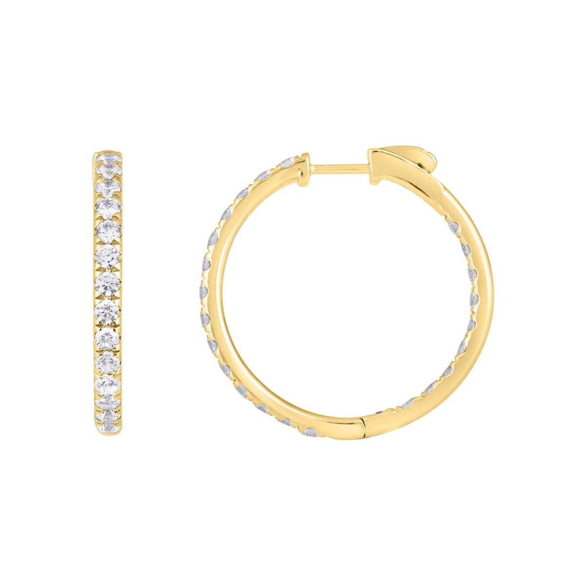 18K YELLOW GOLD 2CT ROUND DIAMOND LADIES HOOPS EARRINGS 