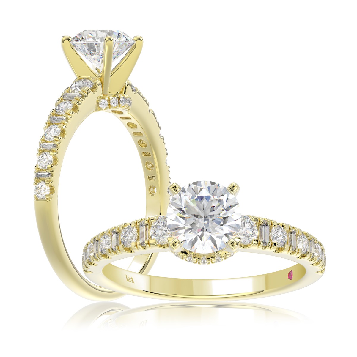 18K YELLOW GOLD 1/2CT ROUND/BAGUETTE DIAMOND LADIES RING(CENTER STONE MOUNT ROUND DIAMOND 1CT)