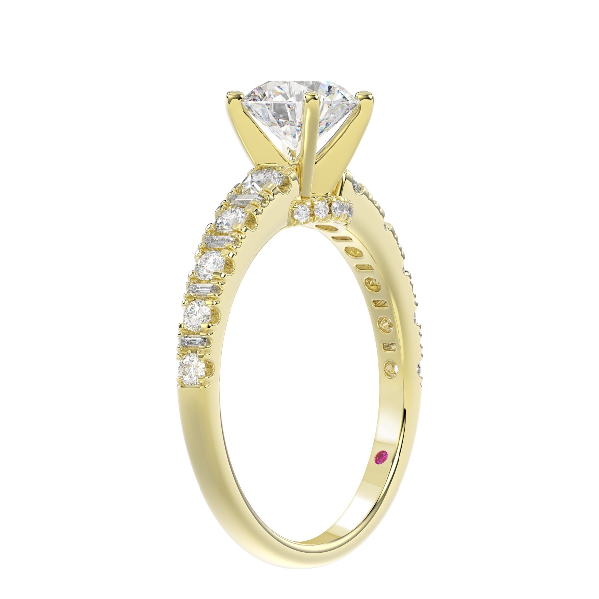 18K YELLOW GOLD 1/2CT ROUND/BAGUETTE DIAMOND LADIES RING(CENTER STONE MOUNT ROUND DIAMOND 1CT)