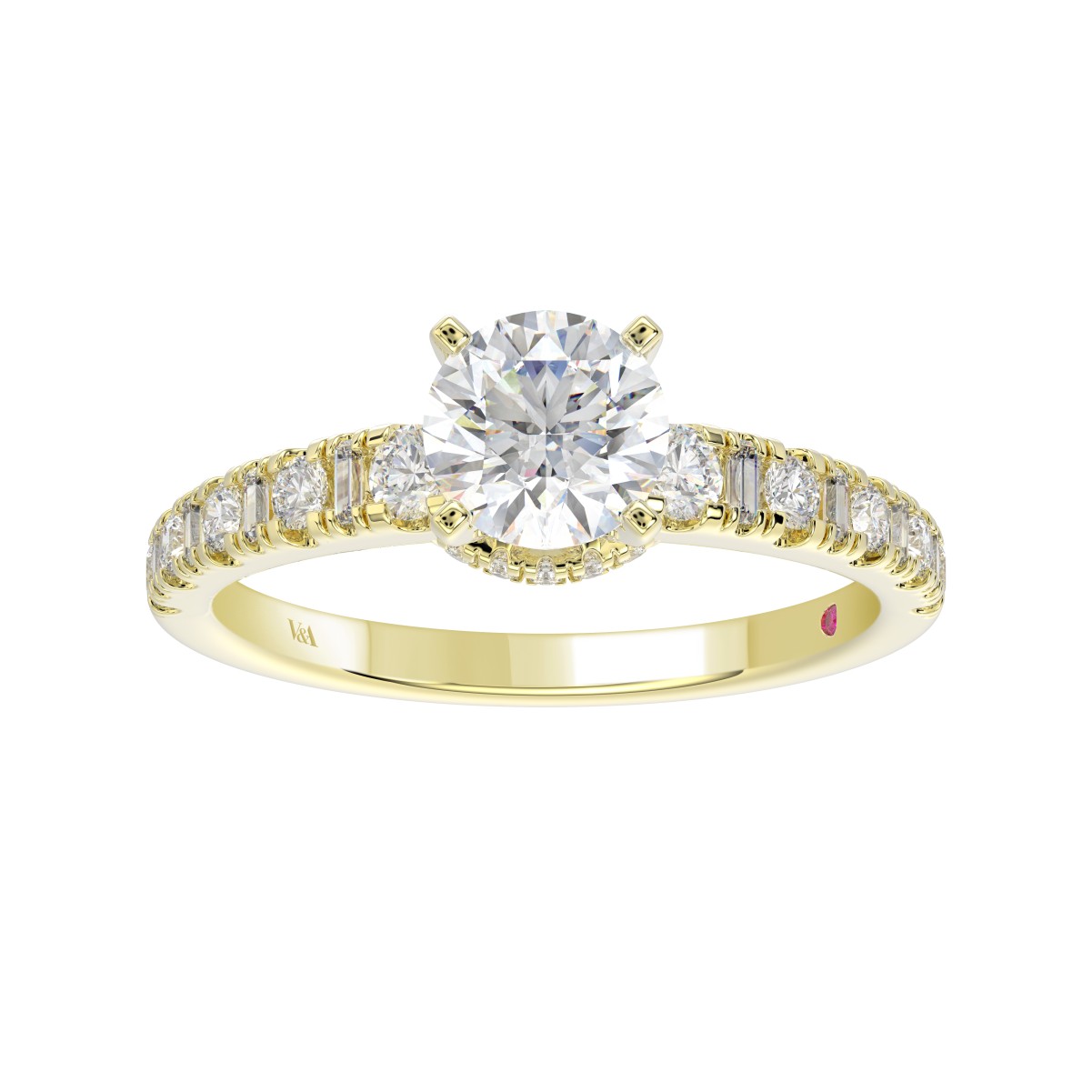 18K YELLOW GOLD 1/2CT ROUND/BAGUETTE DIAMOND LADIES RING(CENTER STONE MOUNT ROUND DIAMOND 1CT)