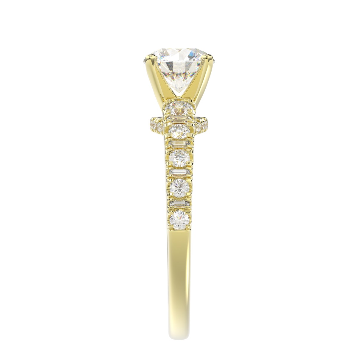 18K YELLOW GOLD 1/2CT ROUND/BAGUETTE DIAMOND LADIES RING(CENTER STONE MOUNT ROUND DIAMOND 1CT)