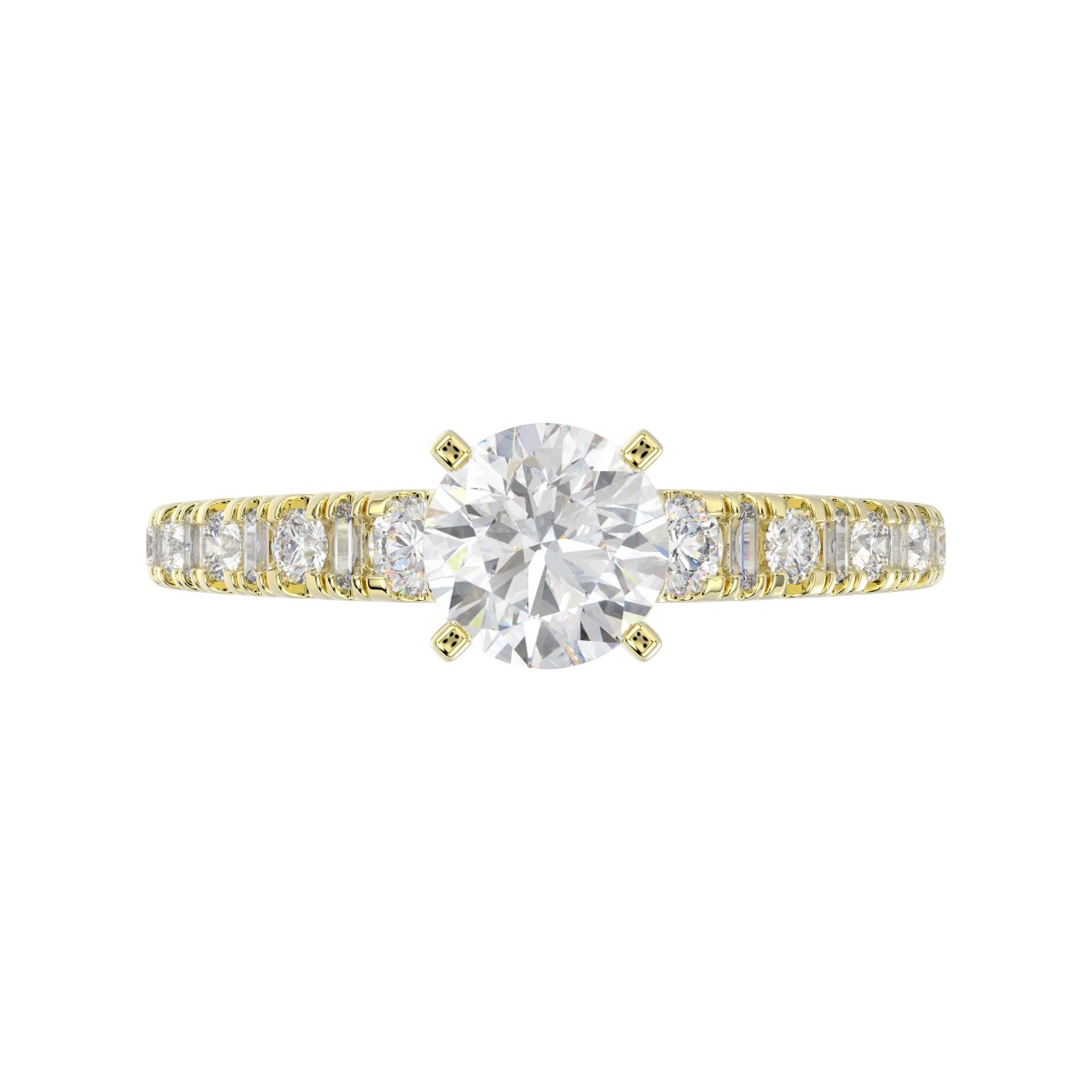 18K YELLOW GOLD 1/2CT ROUND/BAGUETTE DIAMOND LADIES RING(CENTER STONE MOUNT ROUND DIAMOND 1CT)