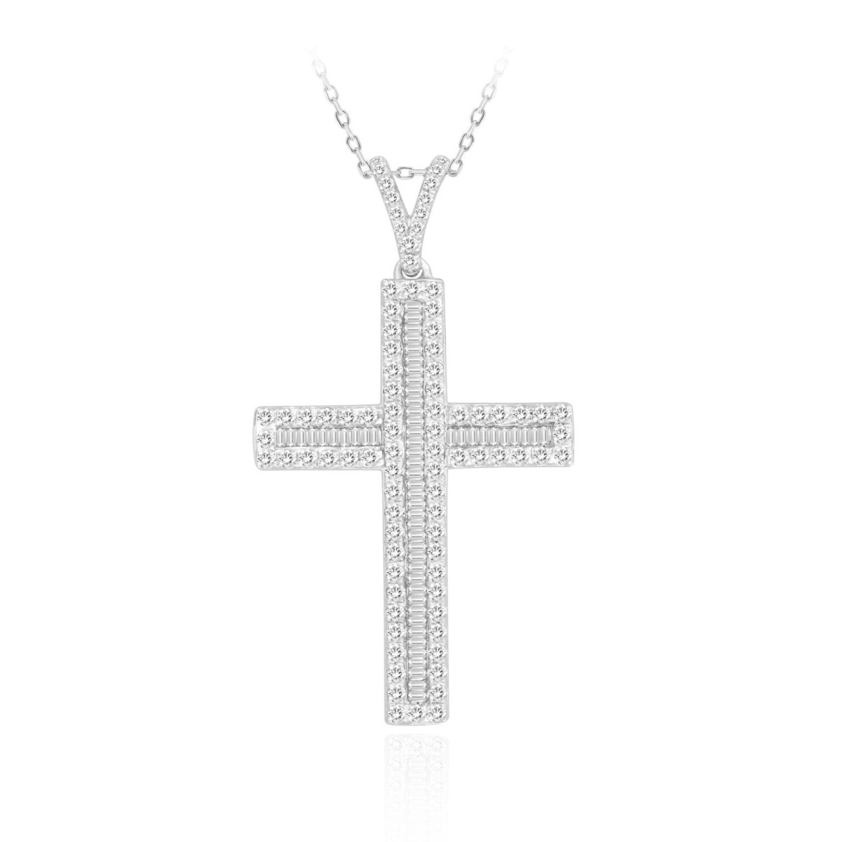 18K WHITE GOLD 1CT ROUND/BAGUETTE DIAMOND LADIES PENDANT WITH CHAIN  