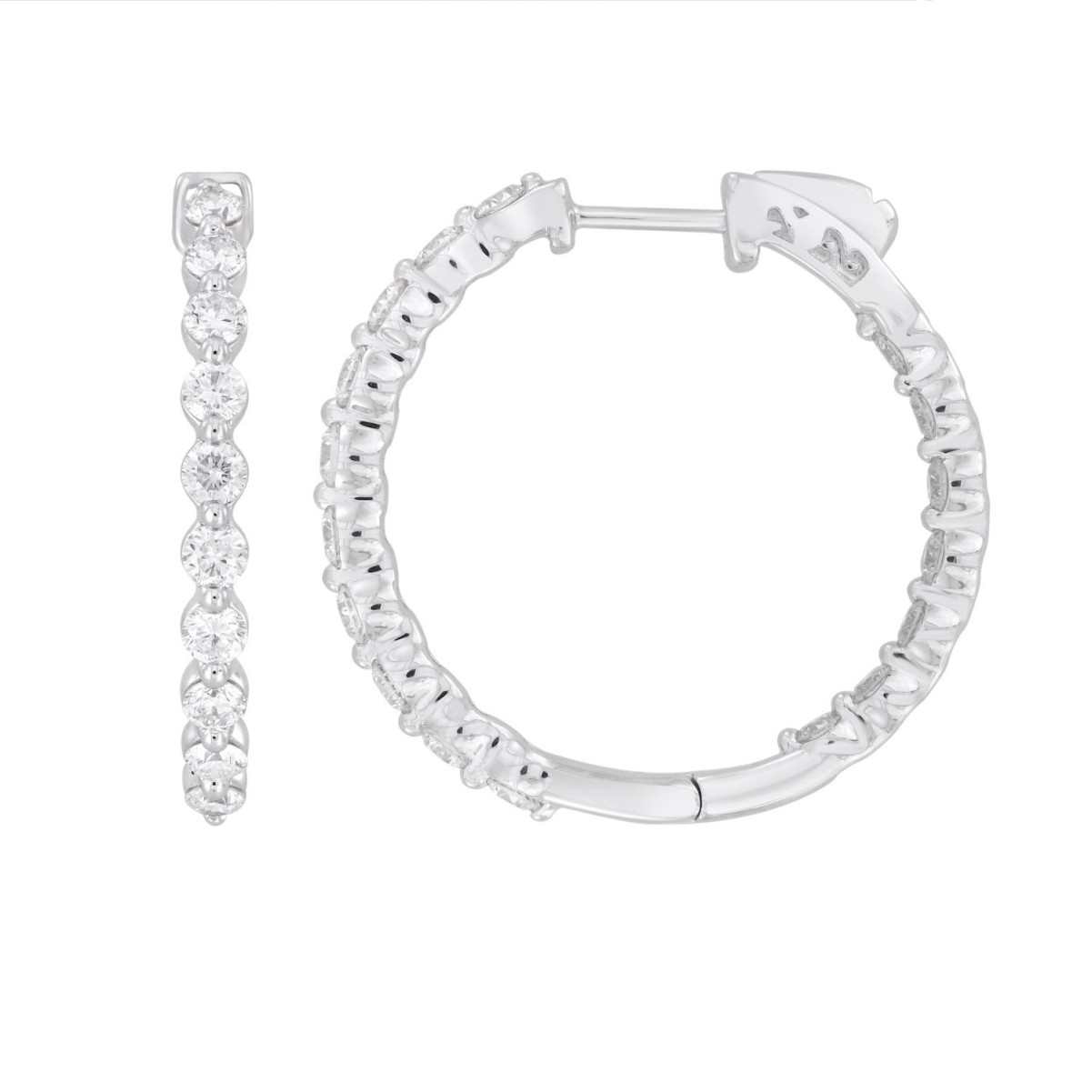 18K WHITE GOLD 1 1/2CT ROUND DIAMOND LADIES HOOPS EARRINGS 