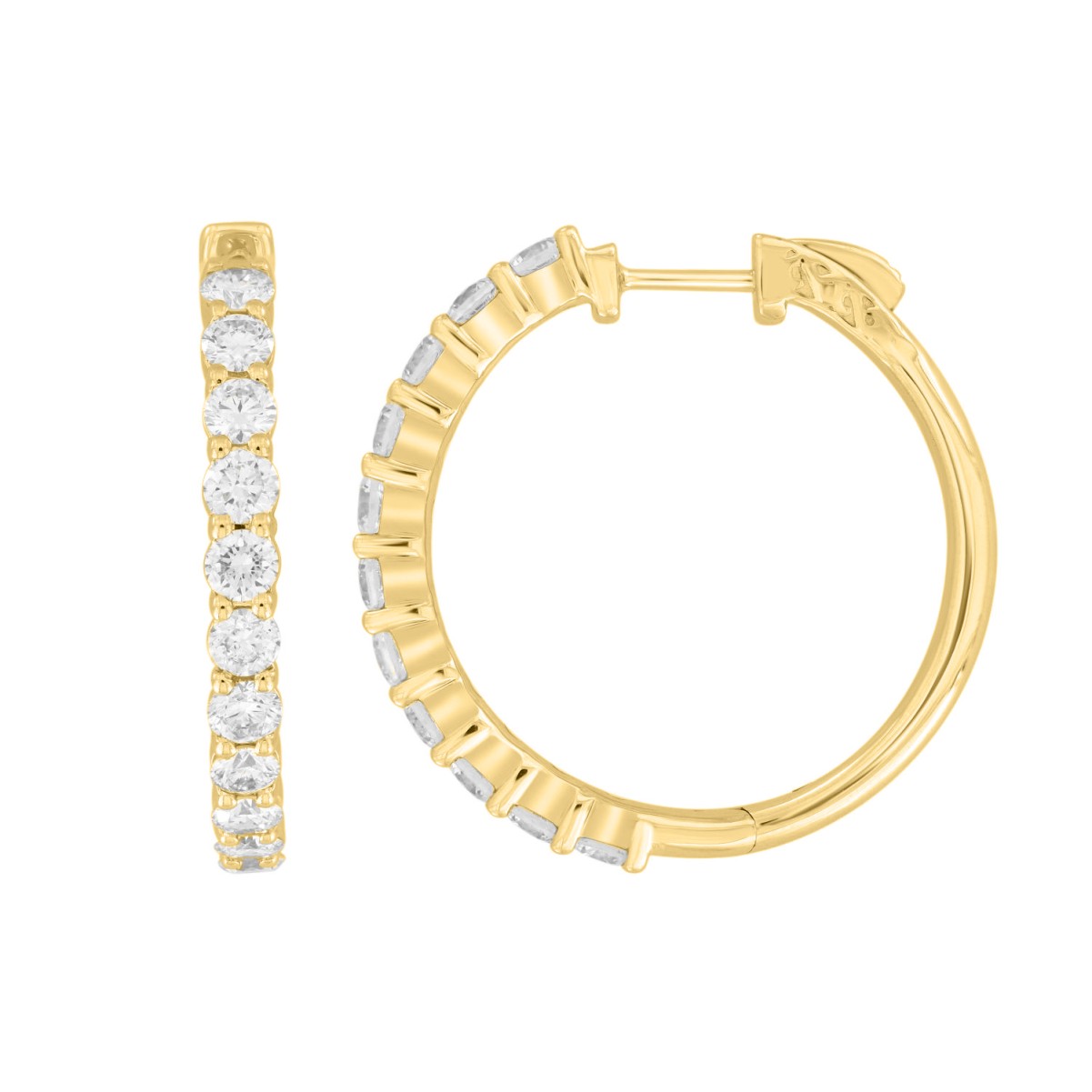 18K YELLOW GOLD 2CT ROUND DIAMOND LADIES HOOPS EARRINGS 