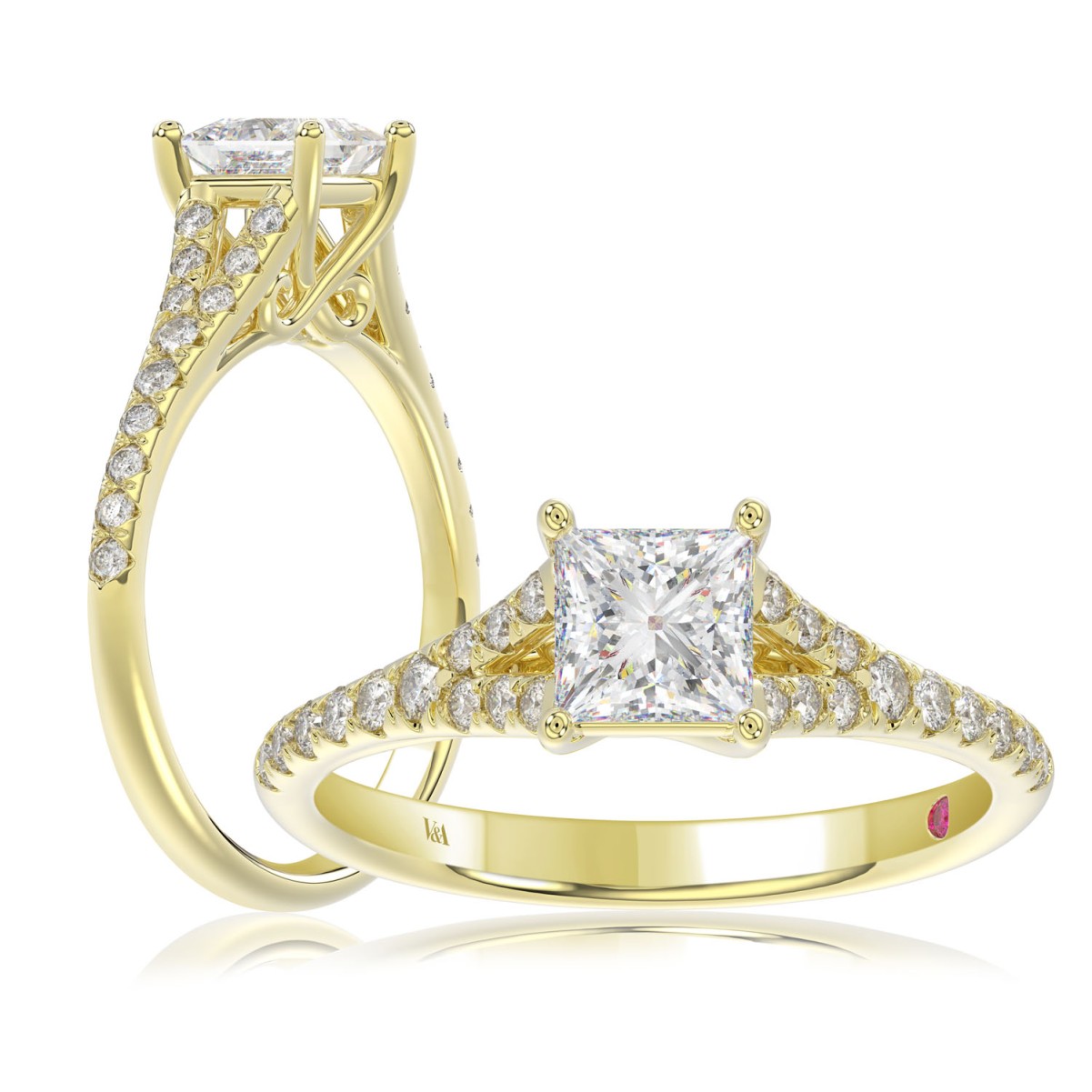 18K YELLOW GOLD 1CT ROUND/PRINCESS DIAMOND LADIES RING (CENTER STONE PRINCESS DIAMOND 3/4CT)