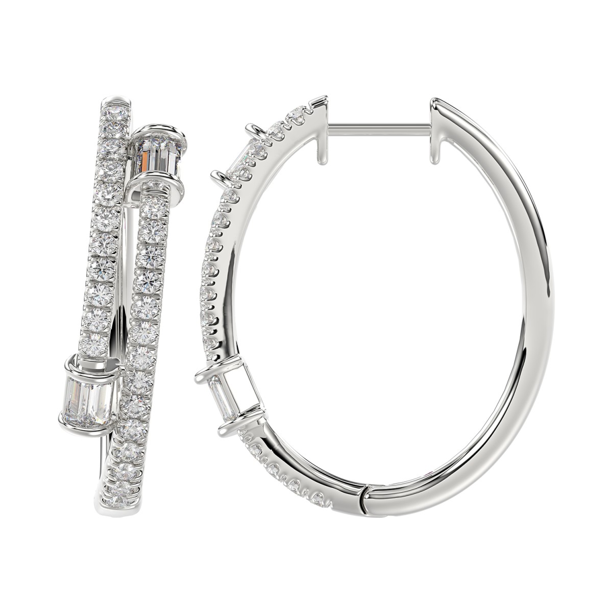 18K WHITE GOLD 3/4CT ROUND/BAGUETTE DIAMOND LADIES HOOPS EARRINGS 