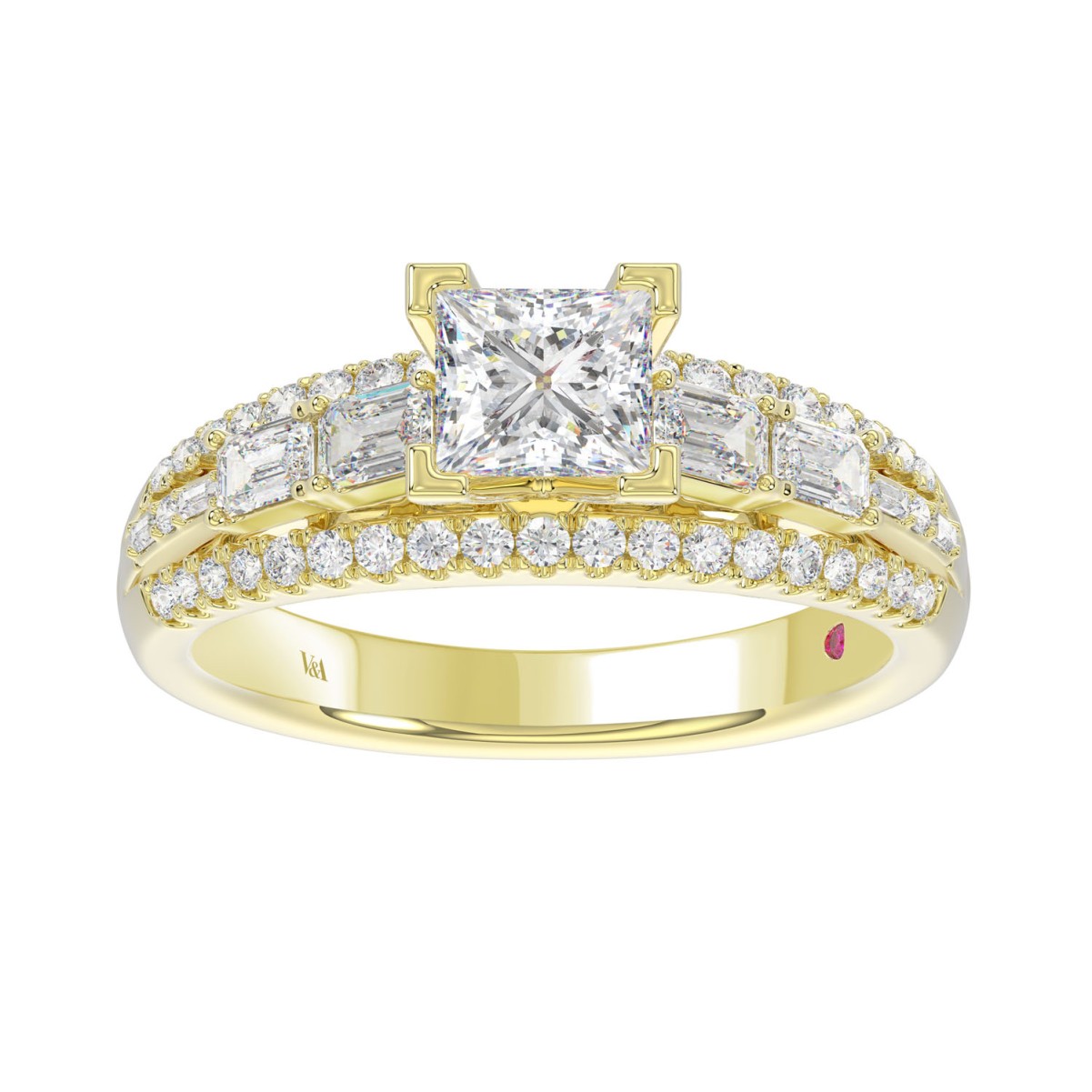 18K YELLOW GOLD 1 3/4CT ROUND/EMERALD/BAGUETTE/PRINCESS DIAMOND SEMI MOUNT LADIES RING  (CENTER STONE PRINCESS DIAMOND 1.00CT)