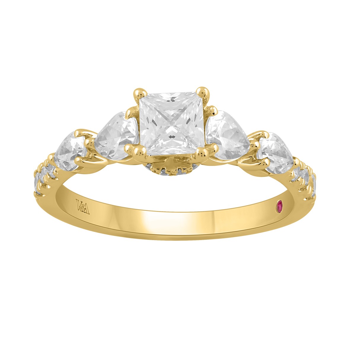 18K YELLOW GOLD 1 1/4CT ROUND/PEAR/PRINCESS DIAMOND LADIES RING (CENTER STONE PRINCESS DIAMOND 1/2CT)