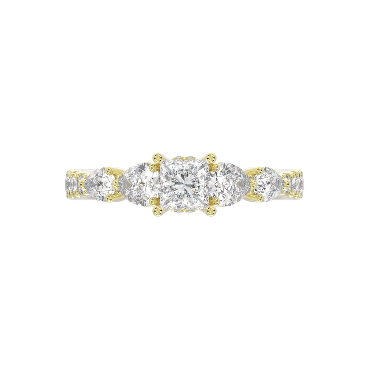 18K YELLOW GOLD 1 1/4CT ROUND/PEAR/PRINCESS DIAMOND LADIES RING (CENTER STONE PRINCESS DIAMOND 1/2CT)