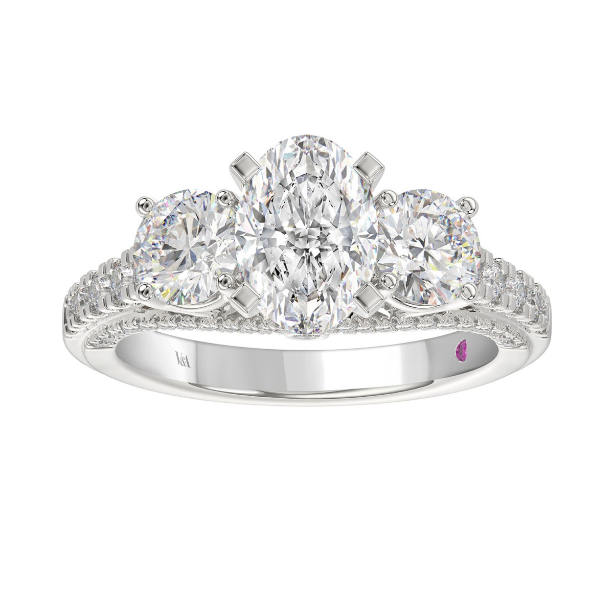 18K WHITE GOLD 3.00CT ROUND/OVAL DIAMOND LADIES RING (CENTER STONE OVAL/ROUND DIAMOND 1 1/2CT 1.00CT)