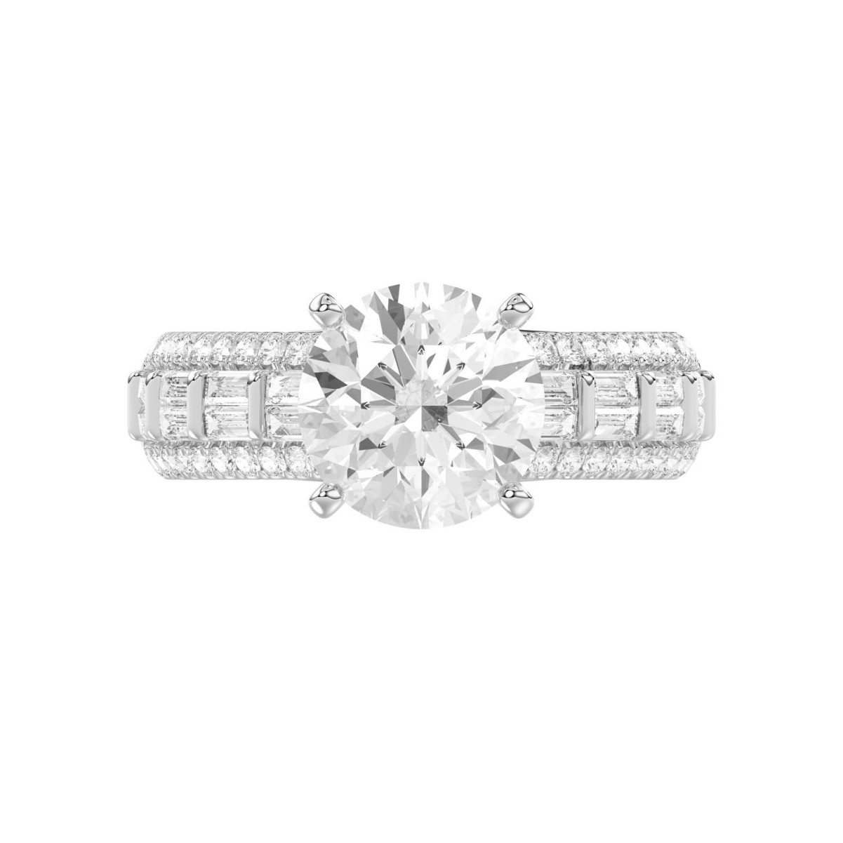 18 K WHITE GOLD 3 3/4CT ROUND/BAGUETTE DIAMOND LADIES SEMI MOUNT RING(CENTER STONE MOUNT ROUND DIAMOND 3CT)