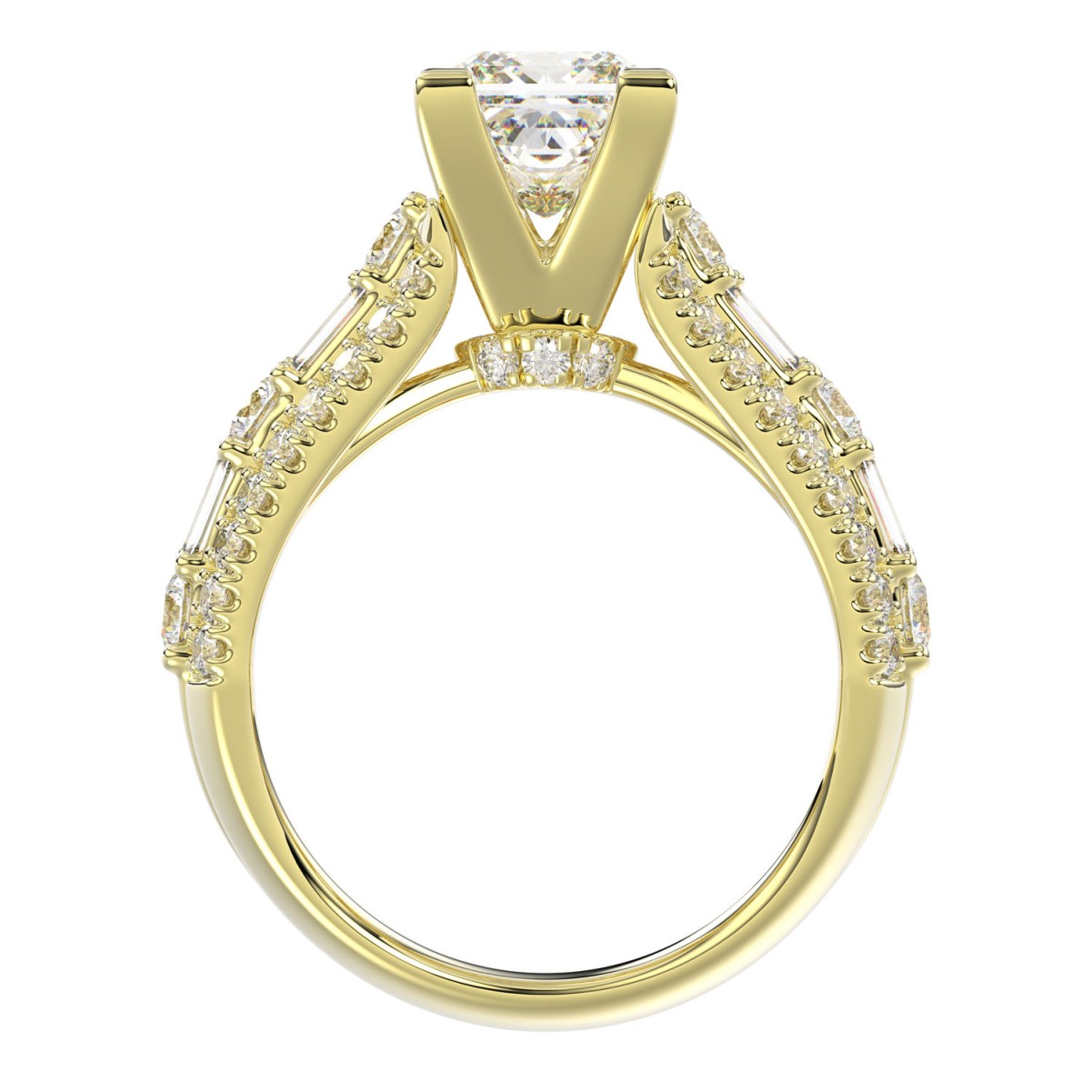18K YELLOW GOLD 3 1/4CT ROUND/PRINCESS/BAGUETTE DIAMOND LADIES SEMI MOUNT RING(CENTER STONE PRINCESS DIAMOND 2CT)