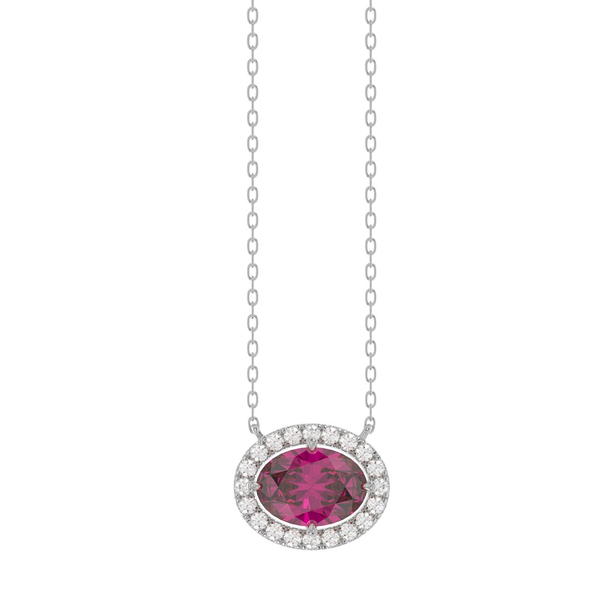18K WHITE GOLD 1/6CT ROUND/OVAL DIAMOND LADIES NECKLACE (COLOR STONE OVAL RUBY DIAMOND 1.05CT)