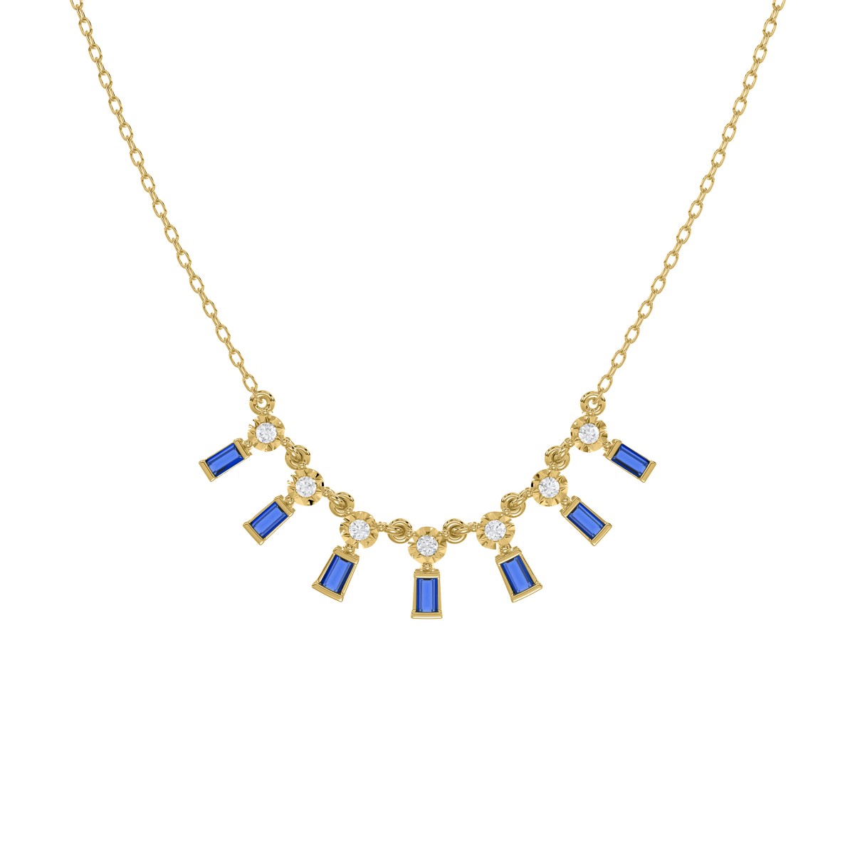 18K YELLOW GOLD 1/3CT ROUND/BAGUETTE DIAMOND LADIES NECKLACE (COLOR STONE BLUE SAPPHIRE 1/5CT)