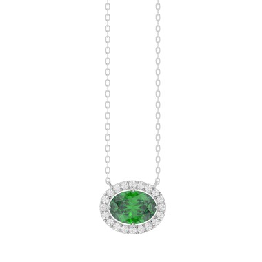 18K WHITE GOLD 1 1/6CT ROUND/OVAL DIAMOND LADIES NECKLACE(COLOR STONE OVAL GREEN EMERALD DIAMOND 1CT)