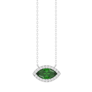 18K WHITE GOLD 7/8CT ROUND/MARQUISE DIAMOND LADIES NECKLACE(COLOR STONE MARQUISE GREEN EMERALD DIAMOND 3/4CT)