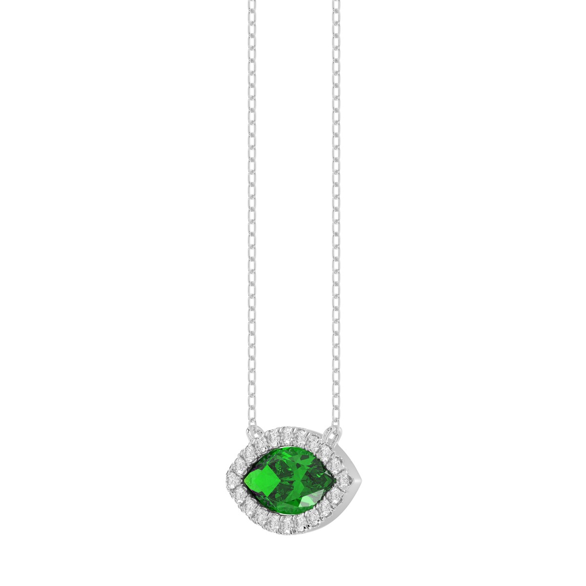 18K WHITE GOLD 7/8CT ROUND/MARQUISE DIAMOND LADIES NECKLACE(COLOR STONE MARQUISE GREEN EMERALD DIAMOND 3/4CT)