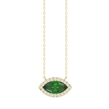 18K YELLOW GOLD 7/8CT ROUND/MARQUISE DIAMOND LADIES NECKLACE(COLOR STONE MARQUISE GREEN EMERALD DIAMOND 3/4CT)