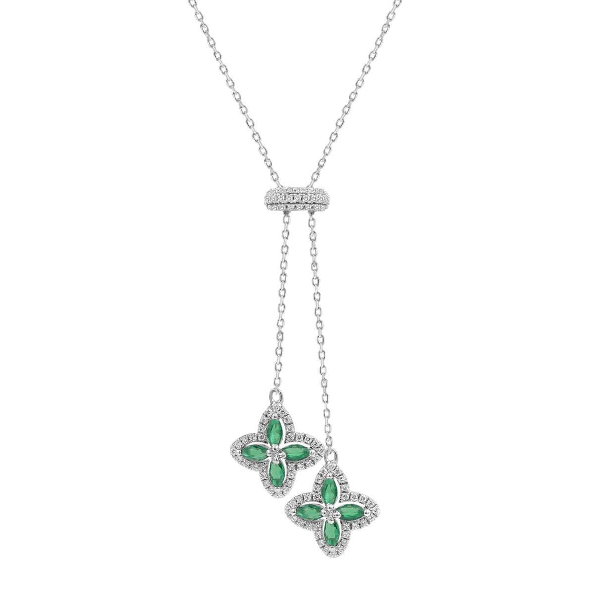 18K WHITE GOLD 1 1/3CT ROUND/MARQUISE DIAMOND LADIES NECKLACE(COLOR STONE MARQUISE GREEN EMERALD DIAMOND 7/8CT)