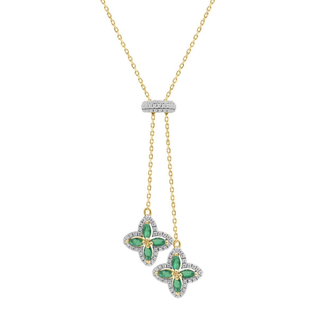 18K YELLOW GOLD 1 1/3CT ROUND/MARQUISE DIAMOND LADIES NECKLACE(COLOR STONE MARQUISE GREEN EMERALD DIAMOND 7/8CT)
