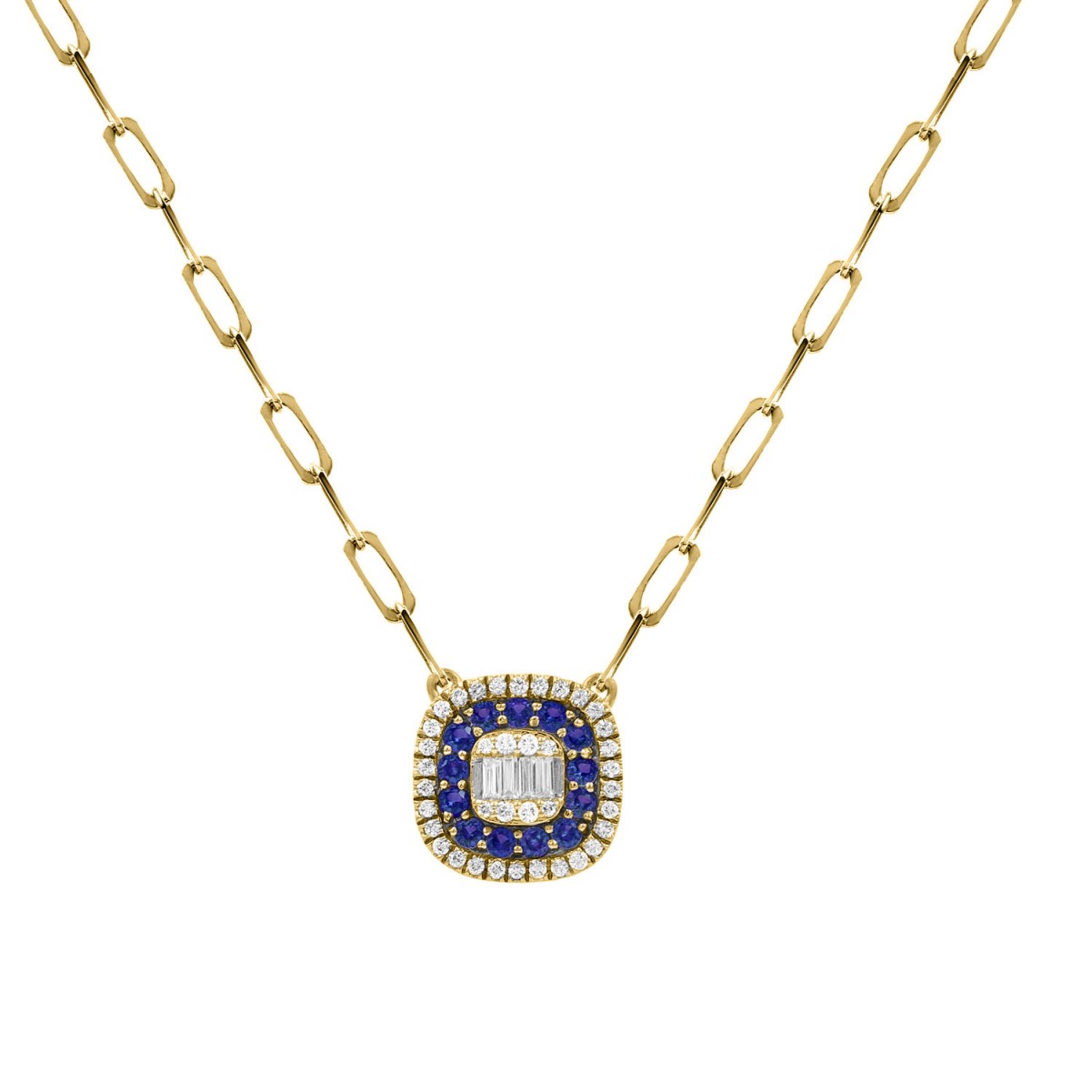 18K YELLOW GOLD 1/2CT ROUND/BAGUETTE DIAMOND LADIES NECKLACE(COLOR STONE BAGUETTE SAPPHIRE DIAMOND 1/4CT)