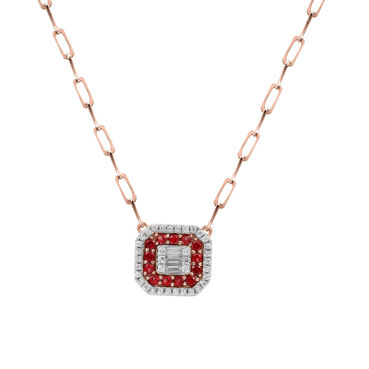 18K ROSE GOLD 5/8CT ROUND/BAGUETTE DIAMOND LADIES NECKLACE(COLOR STONE ROUND RUBY DIAMOND 5/8CT)