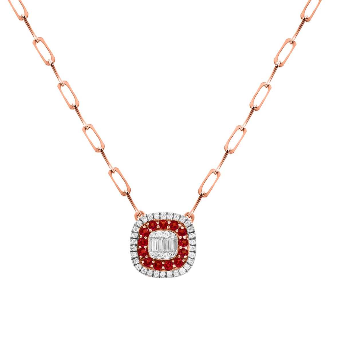 18K ROSE GOLD 1/2CT ROUND/BAGUETTE DIAMOND LADIES NECKLACE(COLOR STONE ROUND RUBY DIAMOND 1/4CT)
