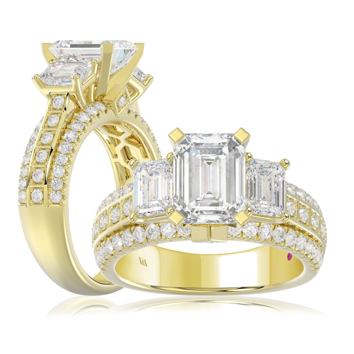 18K YELLOW GOLD 1/2CT ROUND/EMERALD DIAMOND LADIES RING(CENTER STONE EMERALD DIAMOND 2CT)