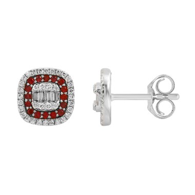 18K WHITE GOLD 7/8CT ROUND/BAGUETTE DIAMOND LADIES EARRINGS(COLOR STONE ROUND RUBY DIAMOND 1/2CT)