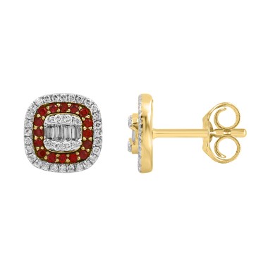 18K YELLOW GOLD 7/8CT ROUND/BAGUETTE DIAMOND LADIES EARRINGS(COLOR STONE ROUND RUBY DIAMOND 1/2CT)