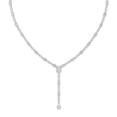 18K WHITE GOLD 2 7/8CT ROUND/BAGUETTE DIAMOND LADIES NECKLACE 