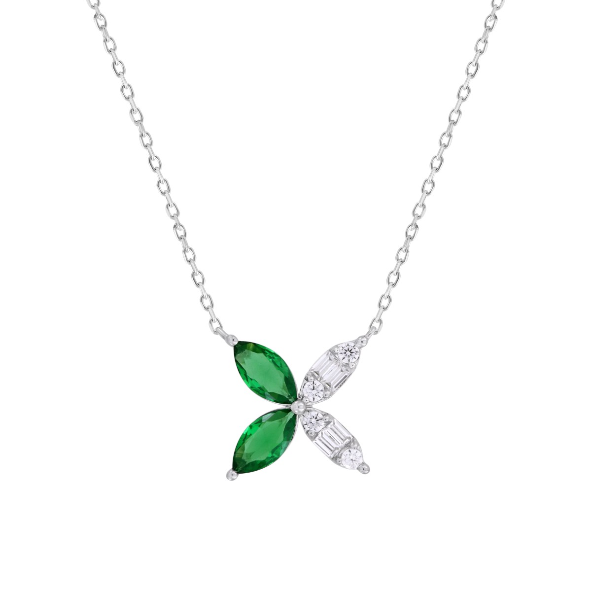 18K WHITE GOLD 1 3/4CT ROUND/BAGUETTE/MARQUISE DIAMOND LADIES PENDANT WITH CHAIN(COLOR STONE MARQUISE GREEN EMERALD DIAMOND 1 5/8CT)