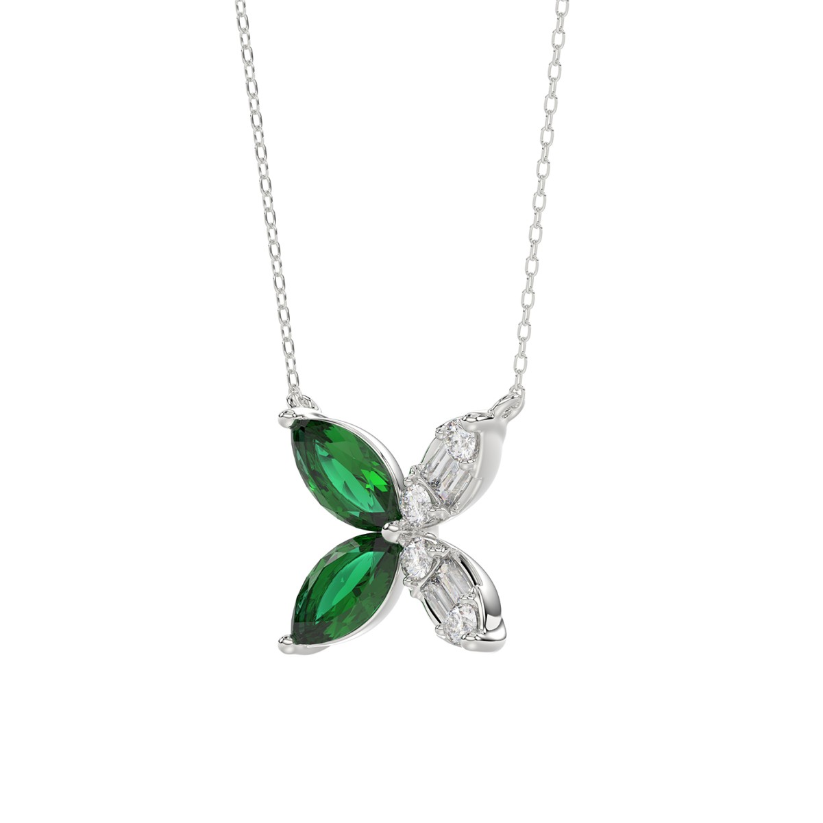 18K WHITE GOLD 1 3/4CT ROUND/BAGUETTE/MARQUISE DIAMOND LADIES PENDANT WITH CHAIN(COLOR STONE MARQUISE GREEN EMERALD DIAMOND 1 5/8CT)