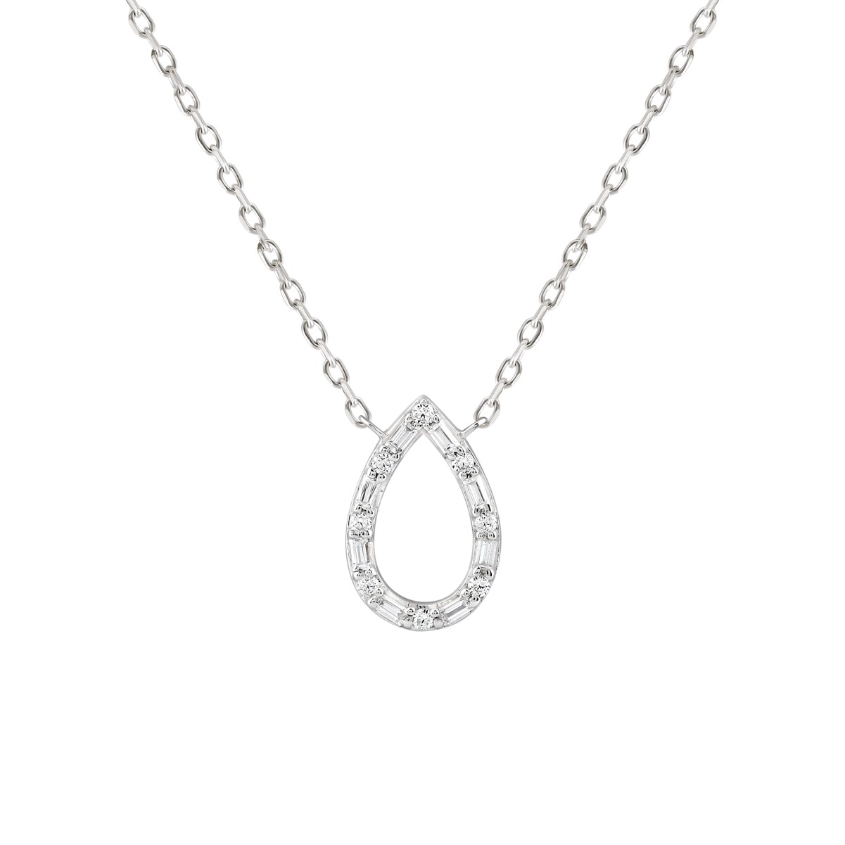 18K WHITE  GOLD 1/6CT ROUND/BAGUETTE DIAMOND LADIES PENDANT WITH CHAIN  