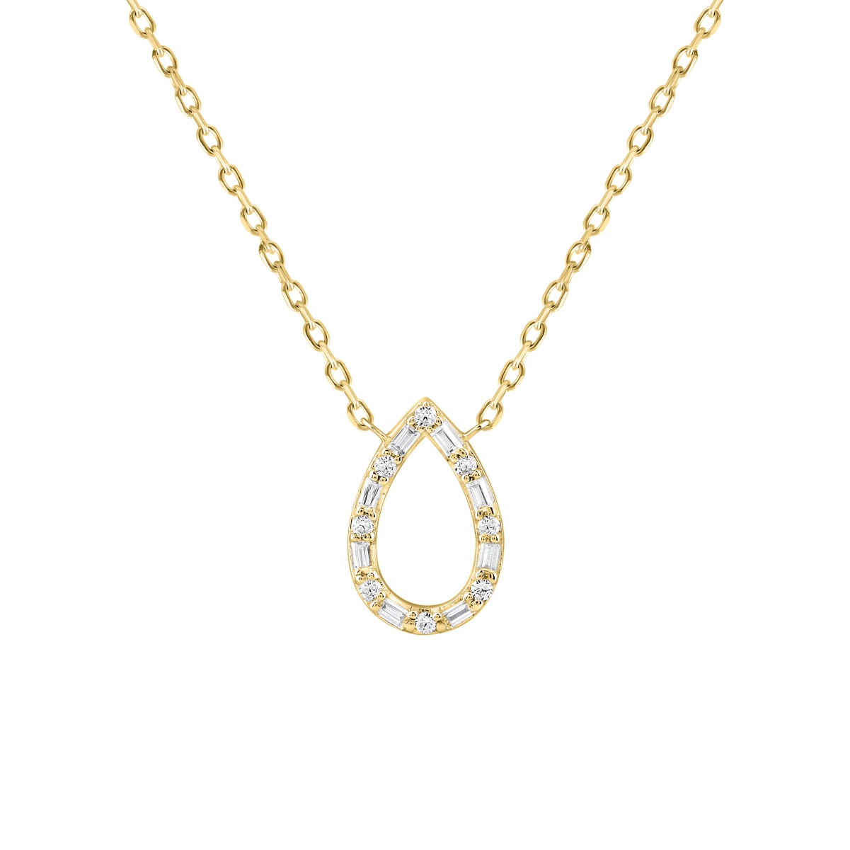 18K YELLOW GOLD 1/6CT ROUND/BAGUETTE DIAMOND LADIES PENDANT WITH CHAIN  