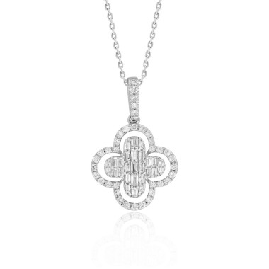 18K WHITE GOLD 3/8CT ROUND/BAGUETTE DIAMOND LADIES PENDANT WITH CHAIN  