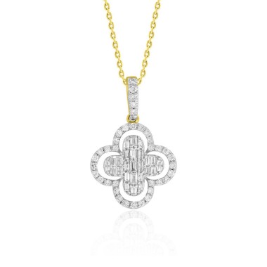 18K YELLOW GOLD 3/8CT ROUND/BAGUETTE DIAMOND LADIES PENDANT WITH CHAIN  