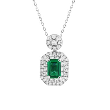 18K WHITE GOLD 7/8CT ROUND/EMERALD DIAMOND LADIES PENDANT WITH CHAIN(COLOR STONE EMERALD DIAMOND 1/2CT)