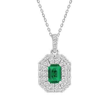 18K WHITE GOLD 1CT ROUND/BAGUETTE/EMERALD DIAMOND LADIES PENDANT WITH CHAIN(COLOR STONE EMERALD DIAMOND 5/8CT)