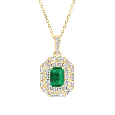 18K YELLOW GOLD 1CT ROUND/BAGUETTE/EMERALD DIAMOND LADIES PENDANT WITH CHAIN(COLOR STONE EMERALD DIAMOND 5/8CT)