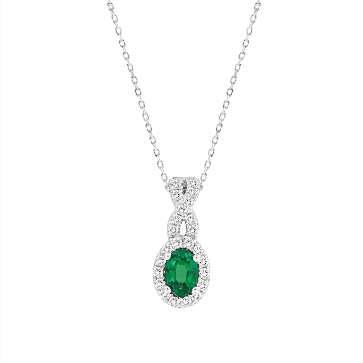18K WHITE GOLD 3/4CT ROUND/OVAL DIAMOND LADIES PENDANT WITH CHAIN(COLOR STONE OVAL GREEN EMERALD DIAMOND 1/2CT)