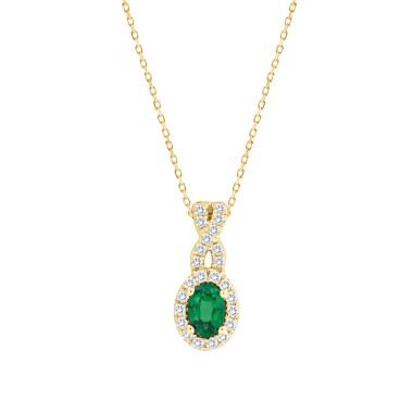 18K YELLOW GOLD 3/4CT ROUND/OVAL DIAMOND LADIES PENDANT WITH CHAIN(COLOR STONE OVAL GREEN EMERALD DIAMOND 1/2CT)