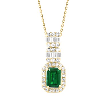 18K YELLOW GOLD 1 1/3CT ROUND/BAGUETTE/EMERALD DIAMOND LADIES PENDANT(COLOR STONE EMERALD DIAMOND 7/8CT)